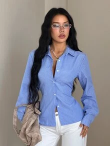 StreetHx Women's Street Style Backless Striped Fitted Shirt - Blue - View 3
