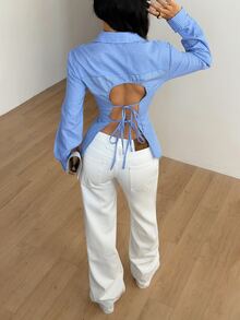 StreetHx Women's Street Style Backless Striped Fitted Shirt - Blue - View 2