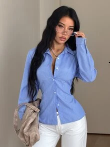 StreetHx Women's Street Style Backless Striped Fitted Shirt - Blue - View 6