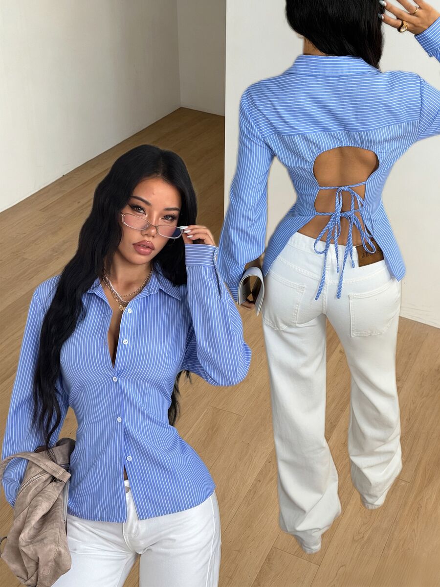 StreetHx Women's Street Style Backless Striped Fitted Shirt - Blue - View 1