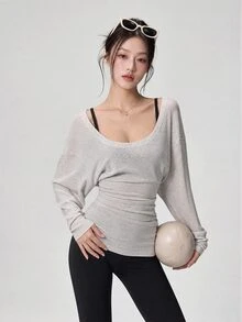DAZY Women's Autumn Batwing Long Sleeve Ruched Cinched Waist Sports Fitness Casual Modest Sporty Athleisure Commute Base Layer T-Shirt Gym Light Grey - Light Grey - View 6