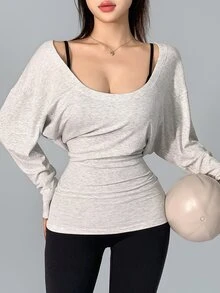 DAZY Women's Autumn Batwing Long Sleeve Ruched Cinched Waist Sports Fitness Casual Modest Sporty Athleisure Commute Base Layer T-Shirt Gym Light Grey - Light Grey - View 1