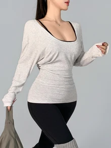 DAZY Women's Autumn Batwing Long Sleeve Ruched Cinched Waist Sports Fitness Casual Modest Sporty Athleisure Commute Base Layer T-Shirt Gym Light Grey - Light Grey - View 4