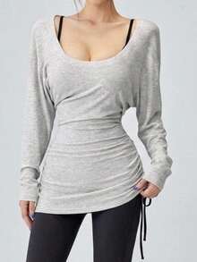DAZY Women's Autumn Batwing Long Sleeve Ruched Cinched Waist Sports Fitness Casual Modest Sporty Athleisure Commute Base Layer T-Shirt Gym Light Grey - Light Grey - View 5
