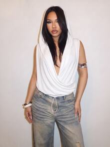 Slaydiva Oversized Draped Deep V-Neck Hooded Sweatshirt White Sweatshirt Spring Summer Sexy Date Night Club Holiday Vacation Outing -A - White - View 4