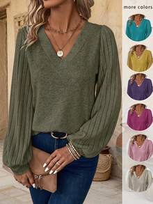 EMERY ROSE V-Neck Lantern Sleeve T-Shirt Fall Cloth For Women - Army Green - View 1