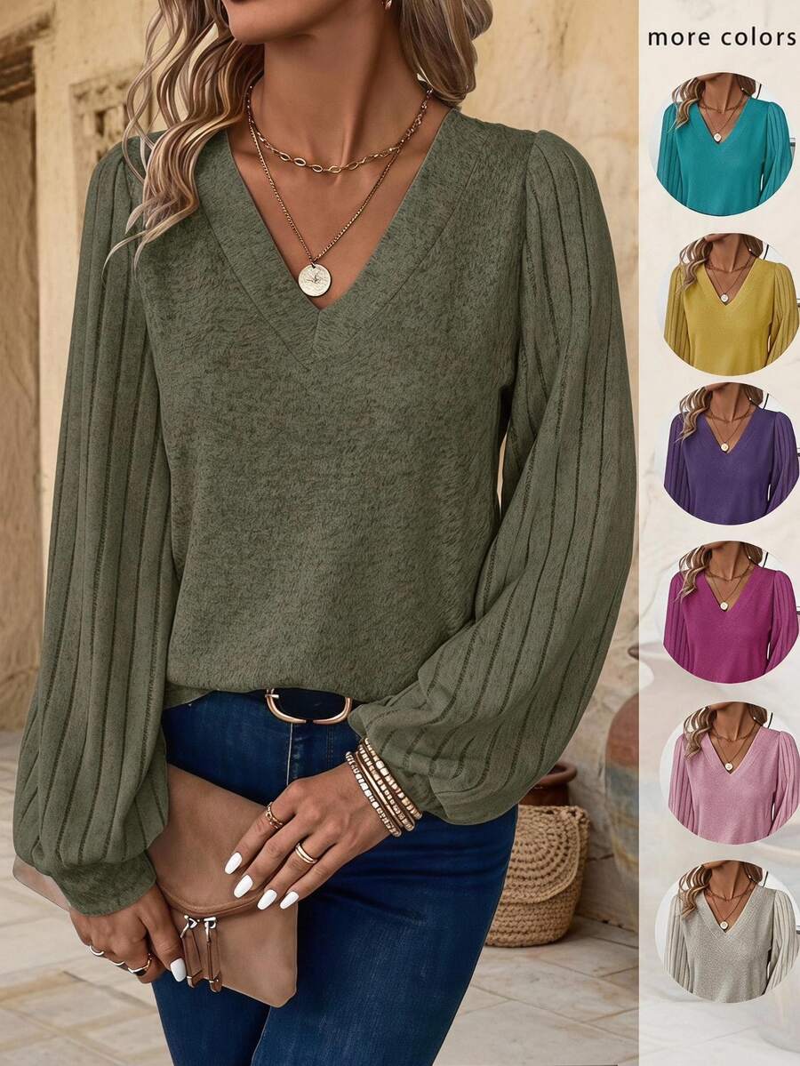 EMERY ROSE V-Neck Lantern Sleeve T-Shirt Fall Cloth For Women - Army Green - View 1