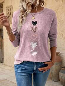 EMERY ROSE تي شيرت كاجوال للنساء بطباعة قلب وأكمام طويلة، تيشيرتات نسائية بطباعة جرافيك للخريف والربيع - وردي - مشاهدة 1