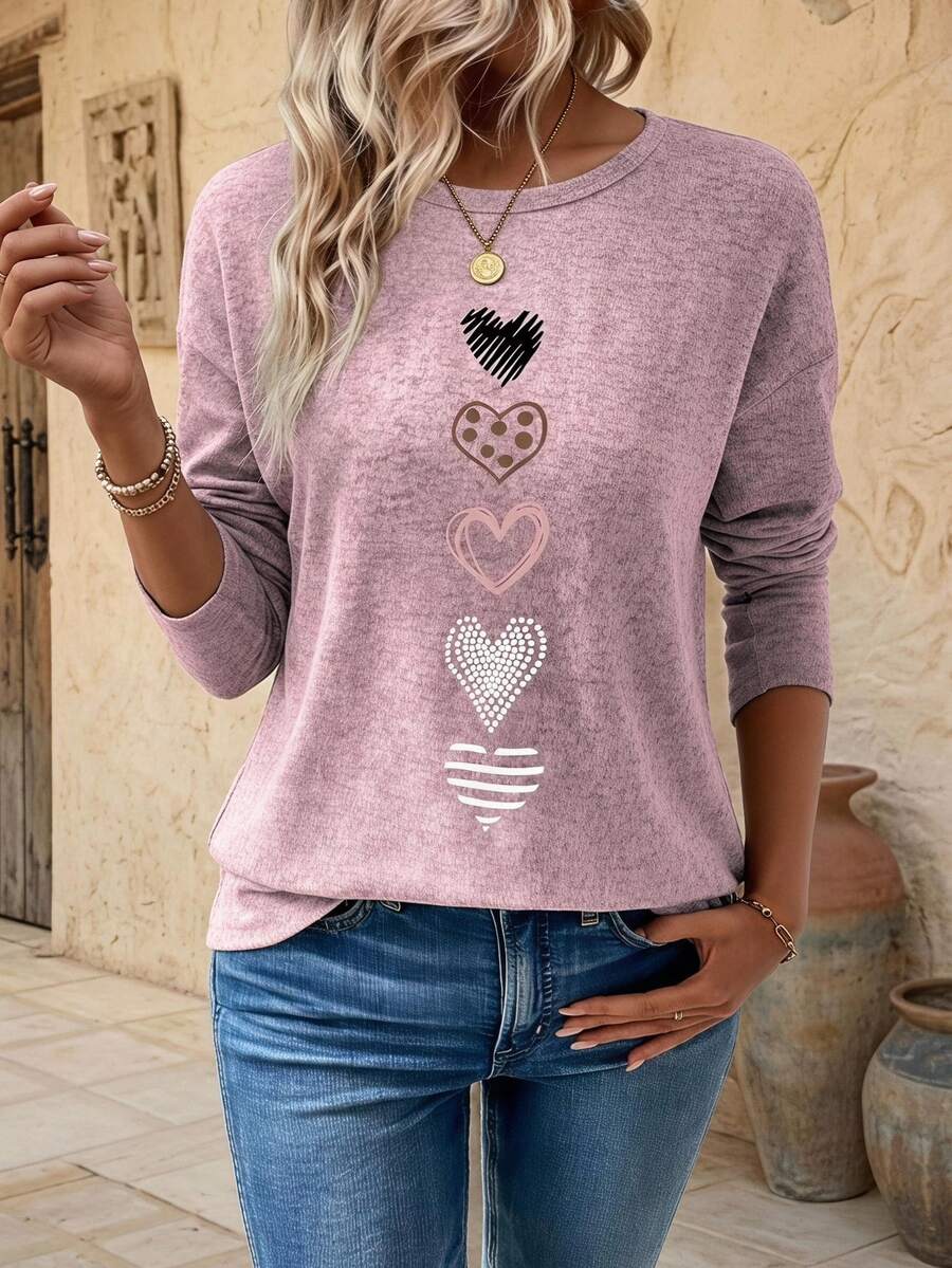 EMERY ROSE تي شيرت كاجوال للنساء بطباعة قلب وأكمام طويلة، تيشيرتات نسائية بطباعة جرافيك للخريف والربيع - وردي - مشاهدة 1