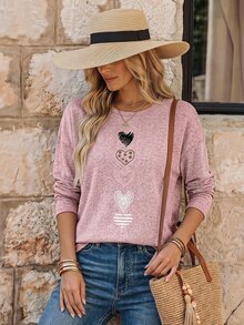 EMERY ROSE تي شيرت كاجوال للنساء بطباعة قلب وأكمام طويلة، تيشيرتات نسائية بطباعة جرافيك للخريف والربيع - وردي - مشاهدة 3