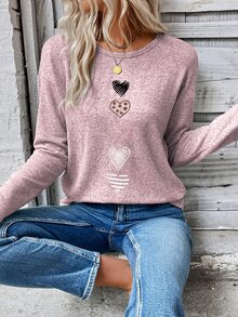 EMERY ROSE تي شيرت كاجوال للنساء بطباعة قلب وأكمام طويلة، تيشيرتات نسائية بطباعة جرافيك للخريف والربيع - وردي - مشاهدة 7