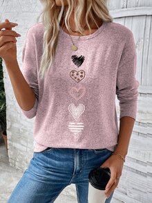 EMERY ROSE تي شيرت كاجوال للنساء بطباعة قلب وأكمام طويلة، تيشيرتات نسائية بطباعة جرافيك للخريف والربيع - وردي - مشاهدة 5