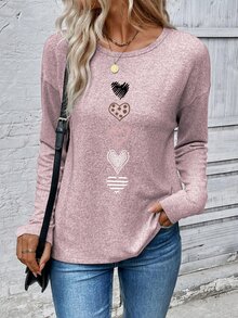 EMERY ROSE تي شيرت كاجوال للنساء بطباعة قلب وأكمام طويلة، تيشيرتات نسائية بطباعة جرافيك للخريف والربيع - وردي - مشاهدة 6
