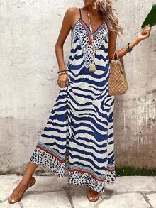 EMERY ROSE Women Leopard Print Loose Maxi Slip Dress, Elegant Boho Holiday Summer Wear Beach Holiday Vacation Blue And White - Multicolor - View 3
