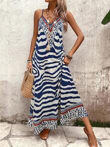 EMERY ROSE Women Leopard Print Loose Maxi Slip Dress, Elegant Boho Holiday Summer Wear Beach Holiday Vacation Blue And White - Multicolor - View 4