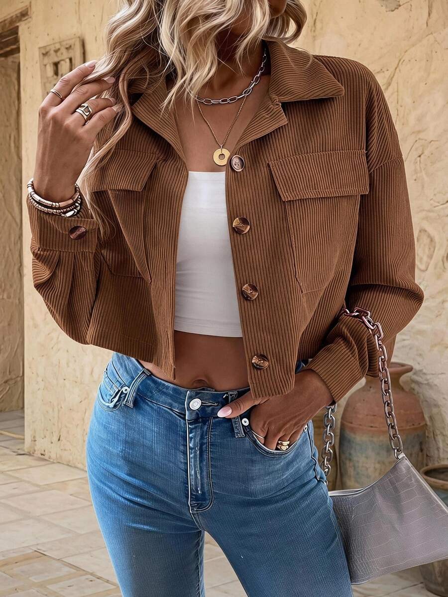 EMERY ROSE Women Summer Casual Coffee Brown Corduroy Cropped Jacket,Ladies Autumn Button Pocket Drop Shoulder Collar Regular Fit Jackets,Daily Occasion - Khaki - View 1