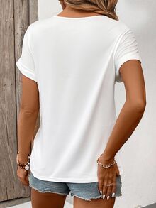 EMERY ROSE Women's Lace Patchwork Round Neck Short Sleeve T-Shirt - White - View 2