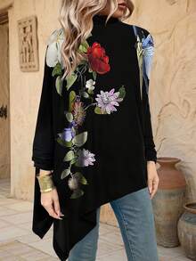 EMERY ROSE Women Stand Collar Floral Print Asymmetric Hem Elegant Long Sleeve T-Shirt Graphic Tees Women Tops For Spring - Black - View 1