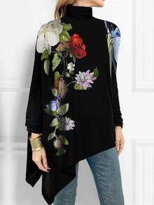 EMERY ROSE Women Stand Collar Floral Print Asymmetric Hem Elegant Long Sleeve T-Shirt Graphic Tees Women Tops For Spring - Black - View 3