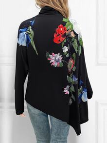 EMERY ROSE Women Stand Collar Floral Print Asymmetric Hem Elegant Long Sleeve T-Shirt Graphic Tees Women Tops For Spring - Black - View 2