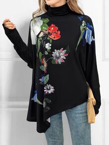 EMERY ROSE Women Stand Collar Floral Print Asymmetric Hem Elegant Long Sleeve T-Shirt Graphic Tees Women Tops For Spring - Black - View 4