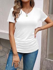 EMERY ROSE Áo thun nữ tay ngắn cổ chữ V màu trơn, tối giản và thời trang, phù hợp cho mùa hè - trắng - Xem 4