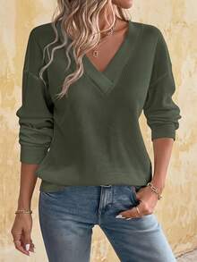 EMERY ROSE Women's Solid Color V-Neck Casual Versatile Long Sleeve T-Shirt Fall Cloth For Women - Green - View 1