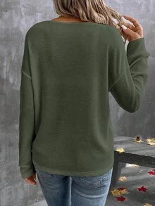 EMERY ROSE Women's Solid Color V-Neck Casual Versatile Long Sleeve T-Shirt Fall Cloth For Women - Green - View 2