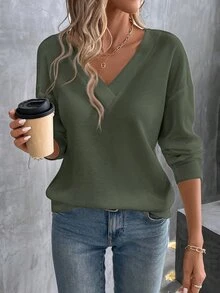EMERY ROSE Women's Solid Color V-Neck Casual Versatile Long Sleeve T-Shirt Fall Cloth For Women - Green - View 3