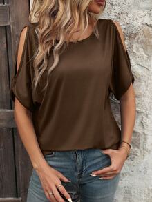 SHEIN Women's Coffee Brown Off-Shoulder Short-Sleeve T-Shirt,Summer Casual Occasion Round Neck Batwing Sleeve Top,Loose Fit Versatile Stylish Top - Brown - View 7