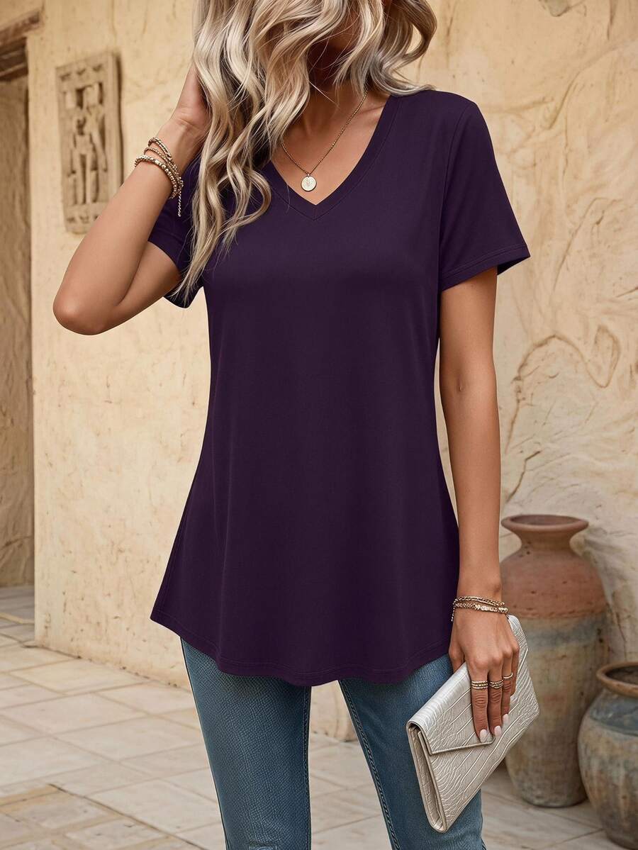 EMERY ROSE Women's Casual V-Neck Short Sleeve Loose T-Shirt, Solid Color, Suitable For Daily Commute, Summer - Purple - View 1