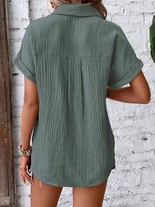 EMERY ROSE Plain Front Button-Down Pocket Casual Short Sleeve Shirt, Summer - Dark Green - View 2