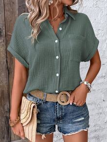 EMERY ROSE Plain Front Button-Down Pocket Casual Short Sleeve Shirt, Summer - Dark Green - View 7