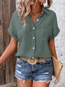 EMERY ROSE Plain Front Button-Down Pocket Casual Short Sleeve Shirt, Summer - Dark Green - View 4