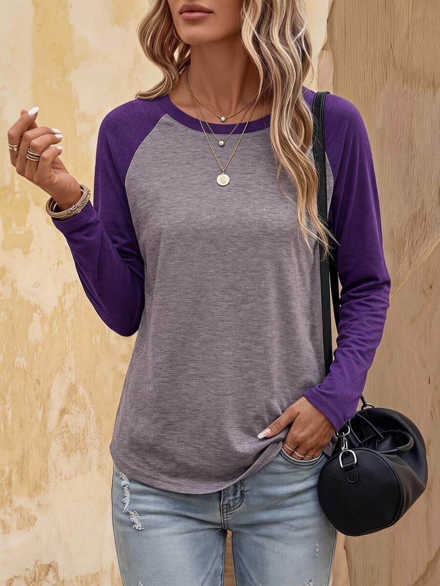 EMERY ROSE Colorblock Raglan Sleeve Tee Graphic Tees Women Tops - Purple - View 1