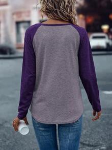 EMERY ROSE Colorblock Raglan Sleeve Tee Graphic Tees Women Tops - Purple - View 2