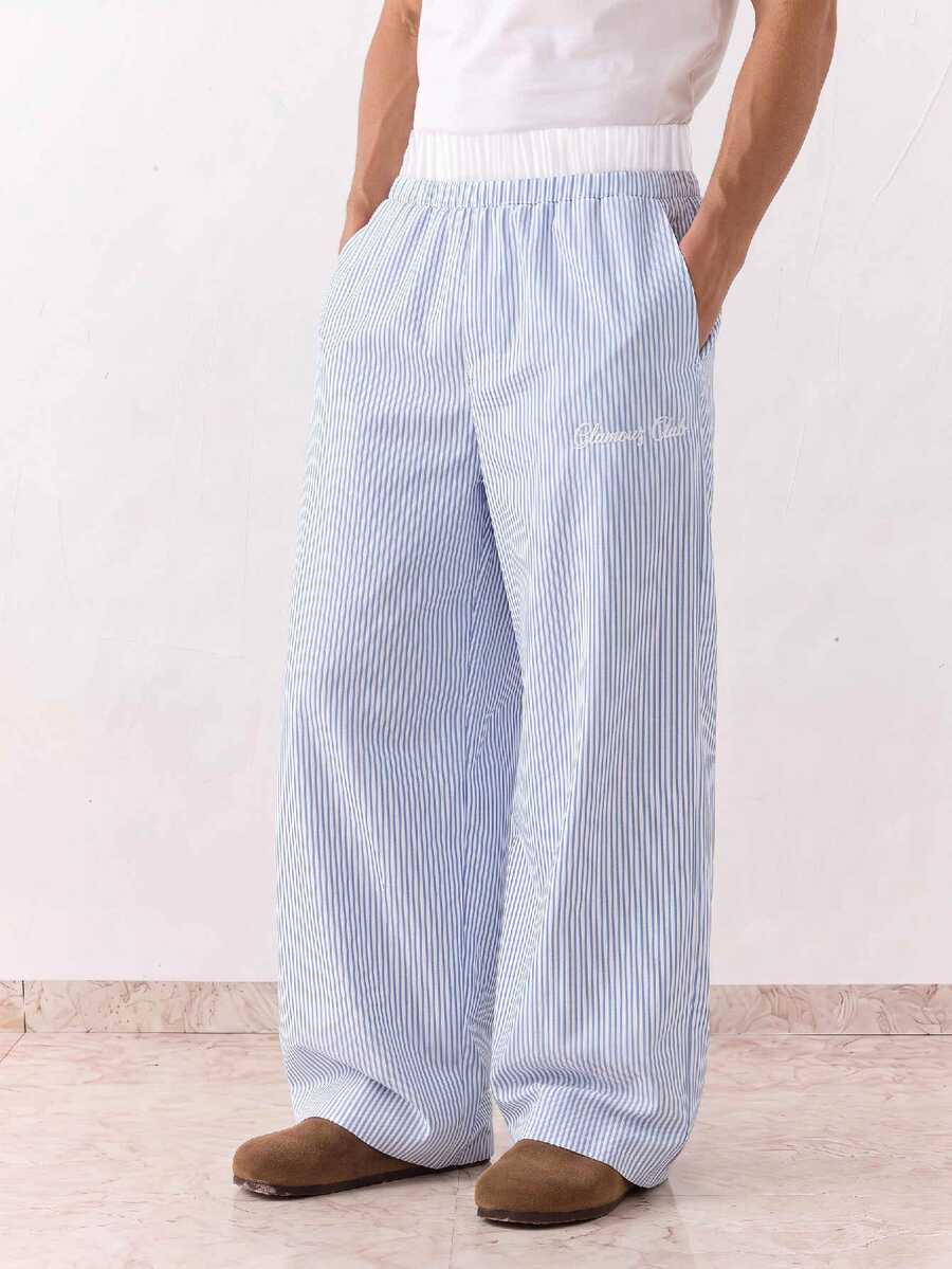 SWAVVY Celana Panjang Pria Tenun Kasual Longgar Model Lurus dengan Pinggang Bermotif Garis-Garis - Biru - View 1