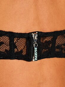 KIZN Top corto tipo bralette de satén con escote en V, cintura de corsé de encaje transparente y tirantes ajustables de espagueti, estilo lencería de verano - Negro - Ver 4
