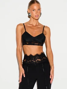 KIZN Top corto tipo bralette de satén con escote en V, cintura de corsé de encaje transparente y tirantes ajustables de espagueti, estilo lencería de verano - Negro - Ver 5