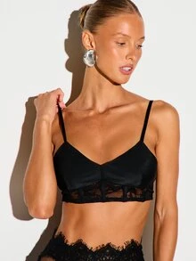 KIZN Top corto tipo bralette de satén con escote en V, cintura de corsé de encaje transparente y tirantes ajustables de espagueti, estilo lencería de verano - Negro - Ver 1