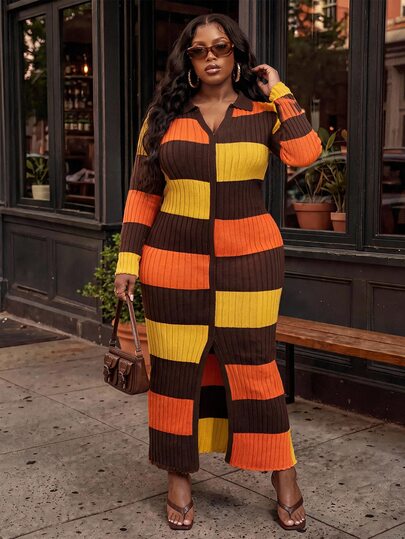 Slaydiva Autumn/Winter New Elegant & Graceful, Dating, Gathering, Back To School, Holiday, Elegant Dinner, Cocktail Party, Wedding Season, Graduation Season, Best Friend Outing, Birthday Party And Other Occasions Multi-Color Contrast Patchwork Slim Fit Shirt Collar Hem Split Crochet Long Knit Dress For Women Plus Size - A