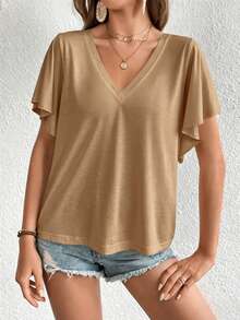 SHEIN LUNE Women's V-Neck Solid Color Casual Loose T-Shirt,Summer Top - Brown - View 3