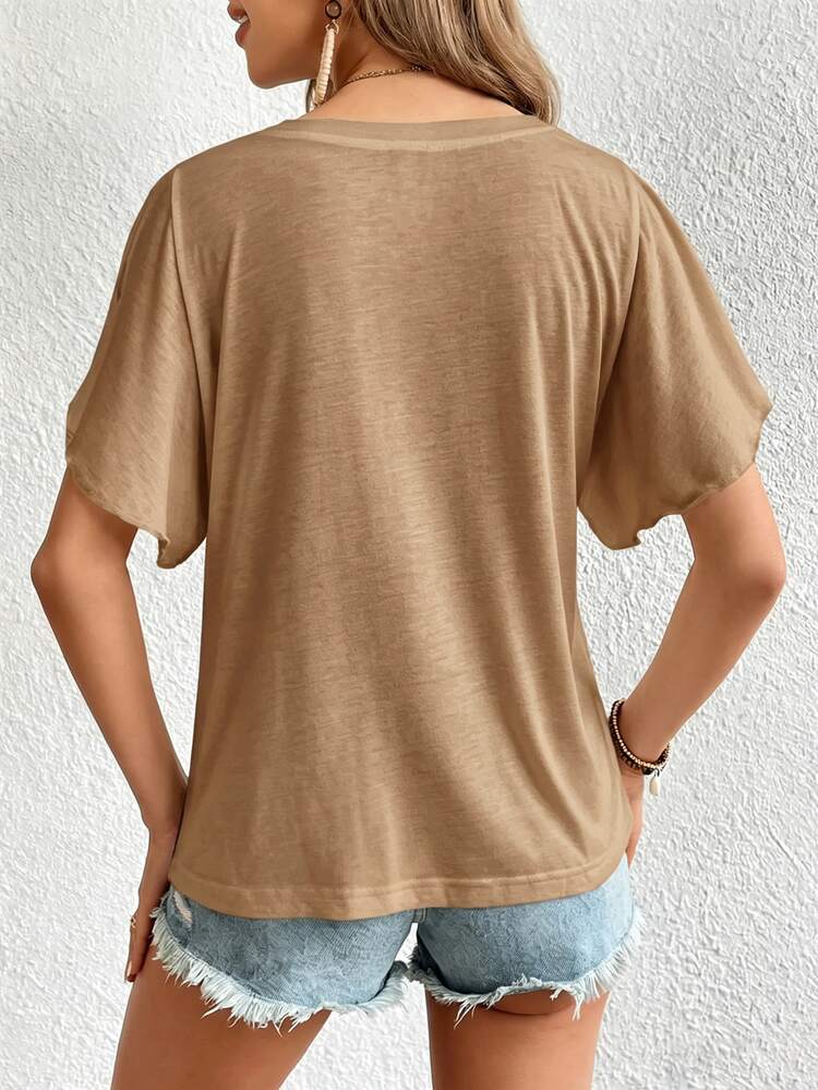 SHEIN LUNE Women's V-Neck Solid Color Casual Loose T-Shirt,Summer Top - Brown - View 2
