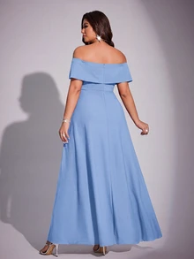 Viva Relle Plus Size Women Elegant Romantic Off-Shoulder Fitted Fishtail Dress, Spring/Summer - Blue - View 2