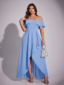 Viva Relle Plus Size Women Elegant Romantic Off-Shoulder Fitted Fishtail Dress, Spring/Summer - Blue - View 1