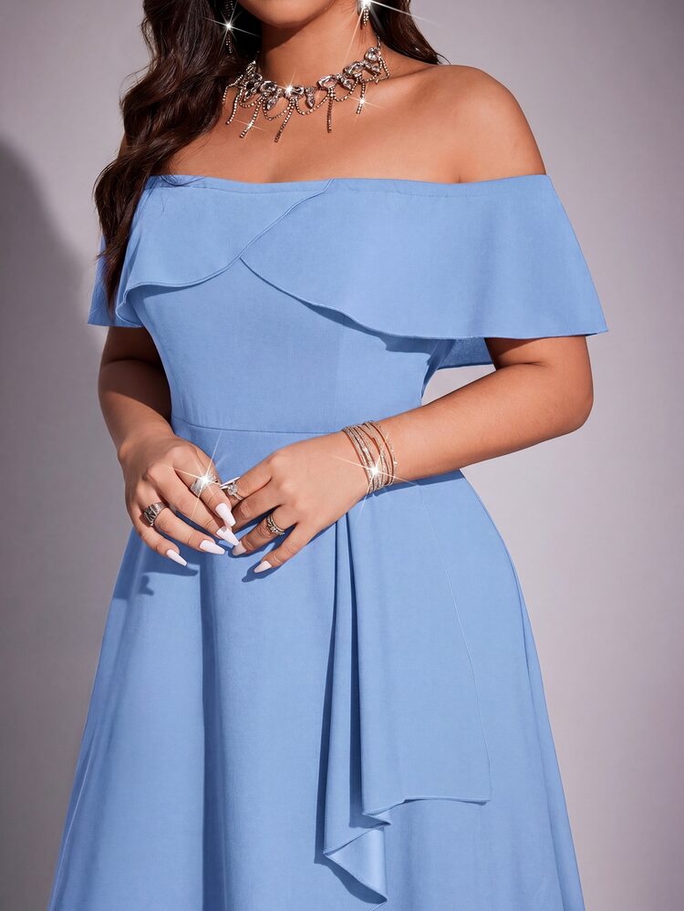 Viva Relle Plus Size Women Elegant Romantic Off-Shoulder Fitted Fishtail Dress, Spring/Summer - Blue - View 3