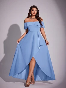Viva Relle Plus Size Women Elegant Romantic Off-Shoulder Fitted Fishtail Dress, Spring/Summer - Blue - View 4