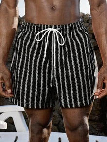 Manfinity VDAYZ Pantalones cortos de playa casuales a rayas con cordón para hombres, vacaciones - Negro - Ver 3