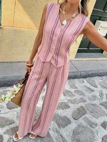 SHEIN Frenchy 女款兩件式休閒極簡度假波希米亞優雅浪漫復古粉色條紋印花套裝，通勤穿搭，音樂節、海灘、度假夏季穿搭 - 彩色 - 查看 3