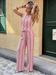 SHEIN Frenchy 女款兩件式休閒極簡度假波希米亞優雅浪漫復古粉色條紋印花套裝，通勤穿搭，音樂節、海灘、度假夏季穿搭 - 彩色 - 查看 5
